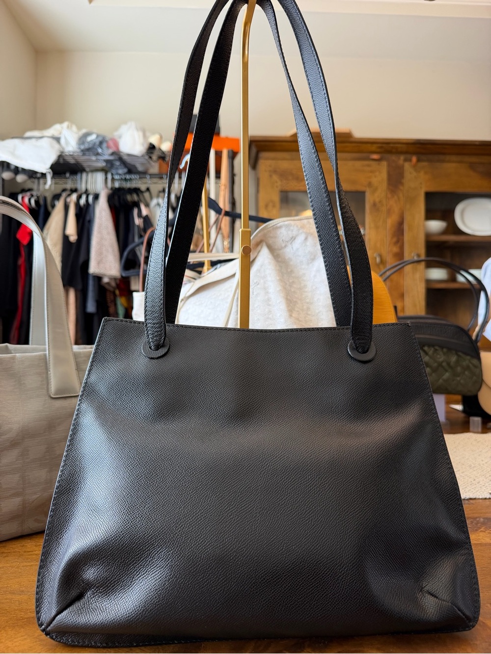 CHANEL Black Leather Tote with Embossed Logo